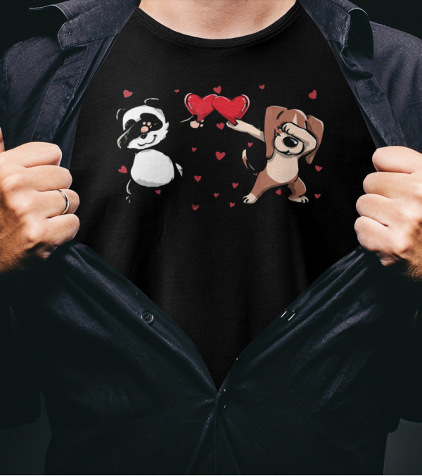 Funny Dabbing Beagle And Dabbing Panda With Hearts And Love T-Shirt