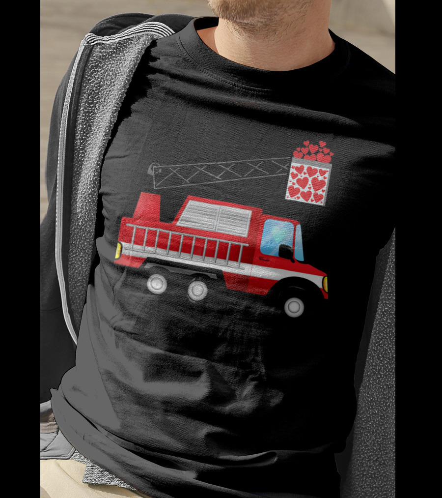 Valentine Hearts Fire Truck With Ladder And Firefighter Emblem T-Shirt