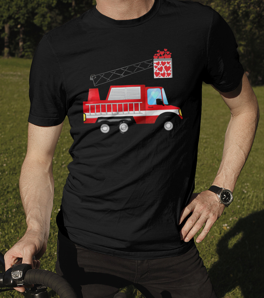 Valentine Hearts Fire Truck With Ladder And Firefighter Emblem T-Shirt