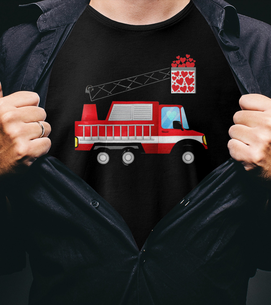 Valentine Hearts Fire Truck With Ladder And Firefighter Emblem T-Shirt