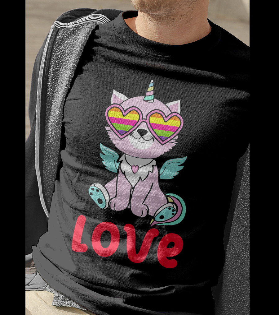 Valentines Day Love Heart Caticorn With Rainbow Sunglasses T-Shirt
