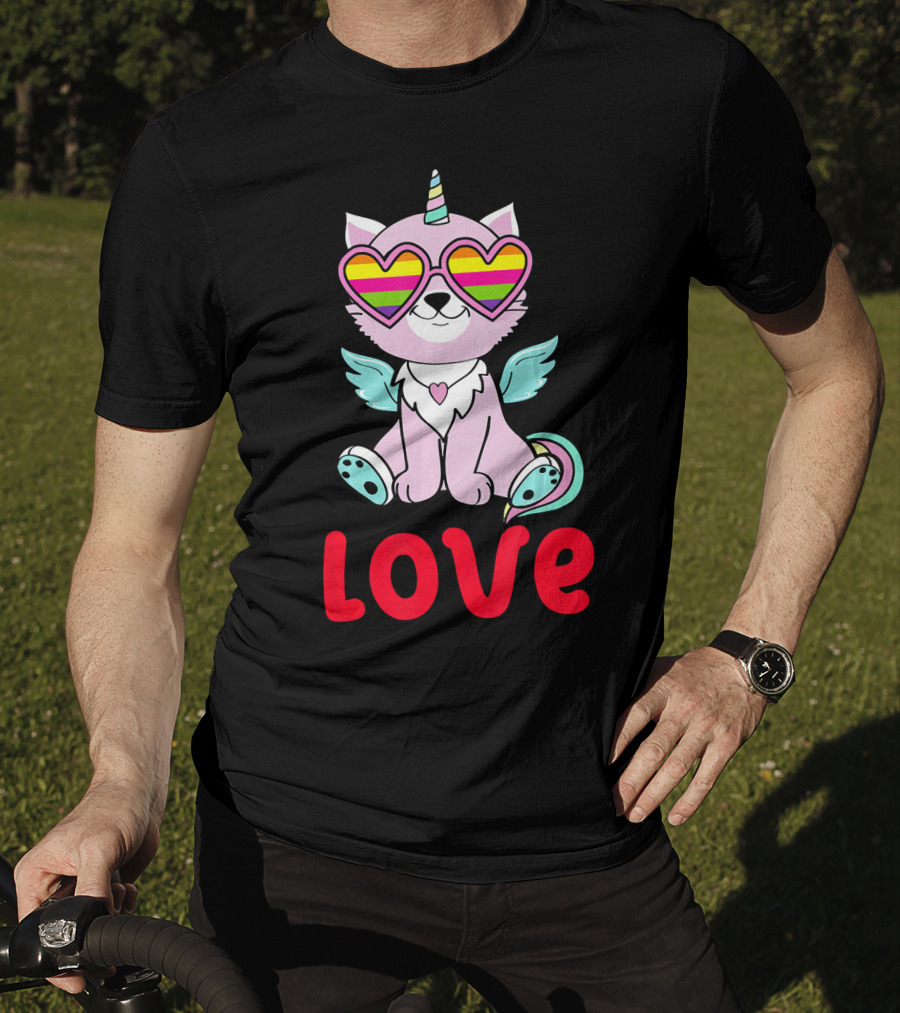 Valentines Day Love Heart Caticorn With Rainbow Sunglasses T-Shirt