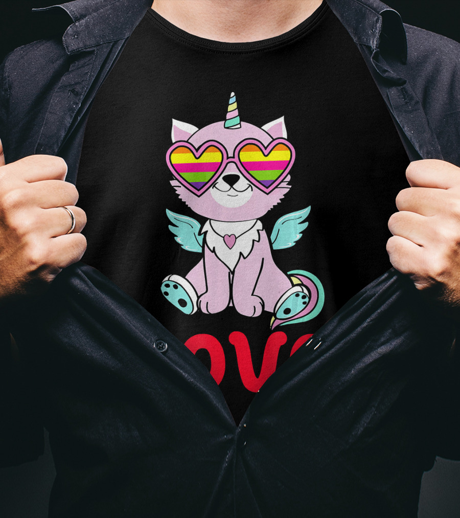 Valentines Day Love Heart Caticorn With Rainbow Sunglasses T-Shirt