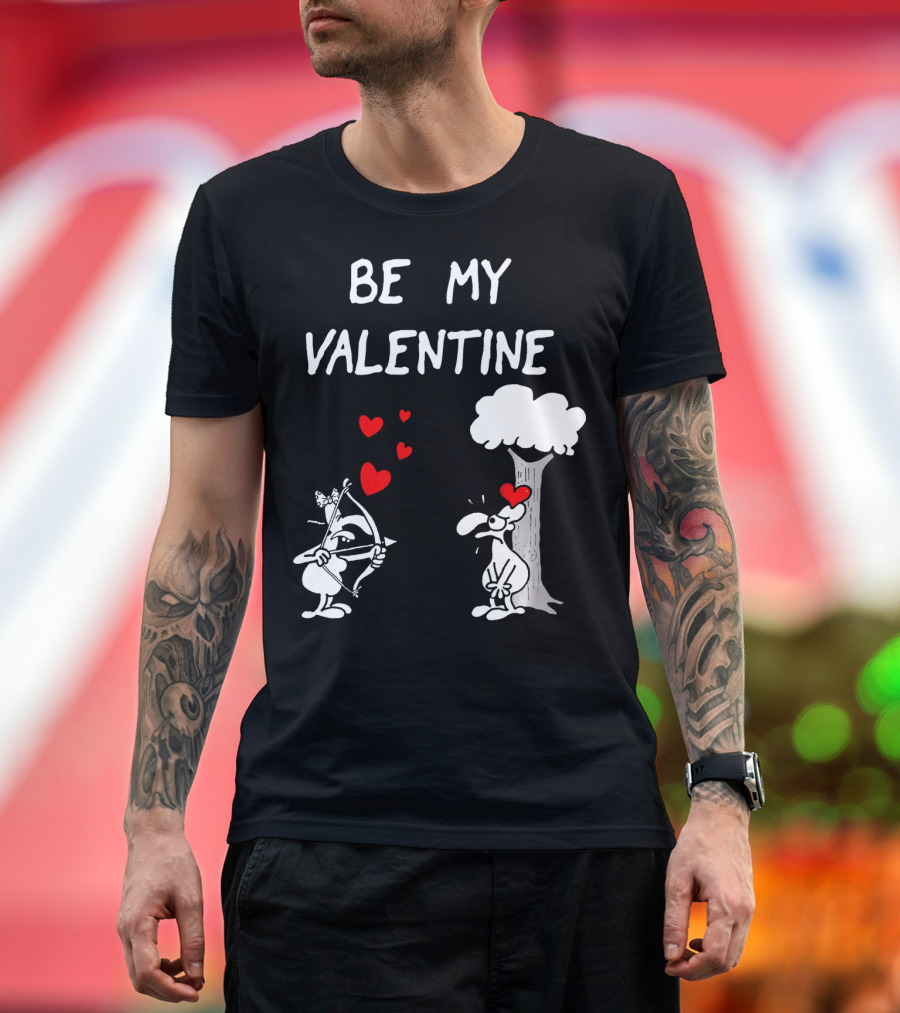 BE MY VALENTINE Funny Valentines Day Cupid Cartoon Hearts Tree T-Shirt