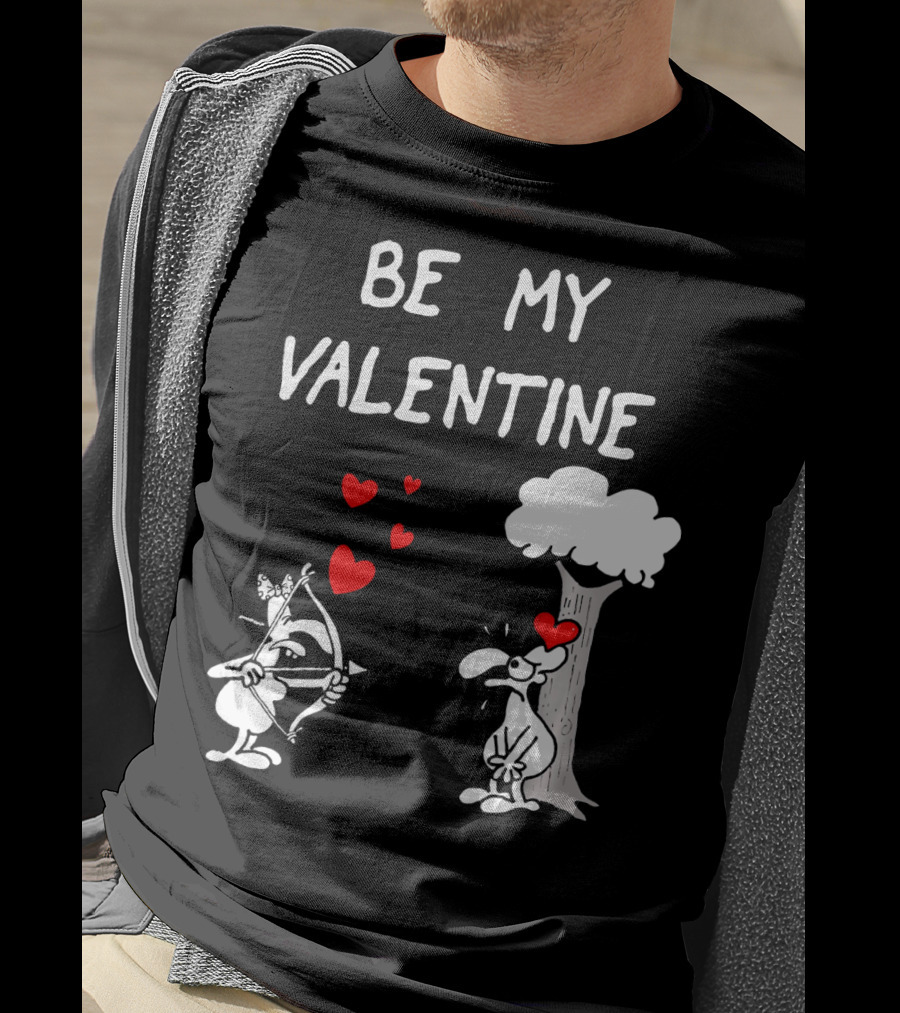 BE MY VALENTINE Funny Valentines Day Cupid Cartoon Hearts Tree T-Shirt