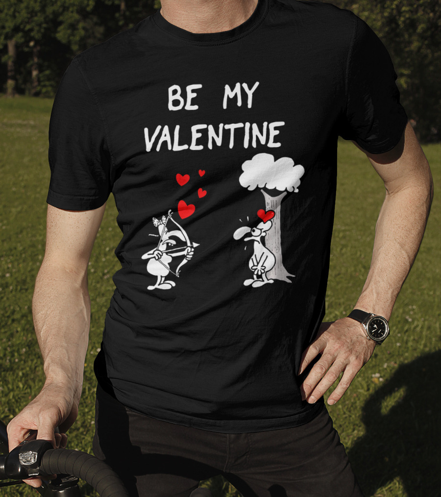 BE MY VALENTINE Funny Valentines Day Cupid Cartoon Hearts Tree T-Shirt
