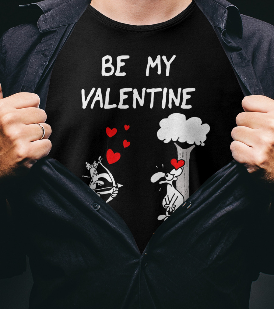 BE MY VALENTINE Funny Valentines Day Cupid Cartoon Hearts Tree T-Shirt