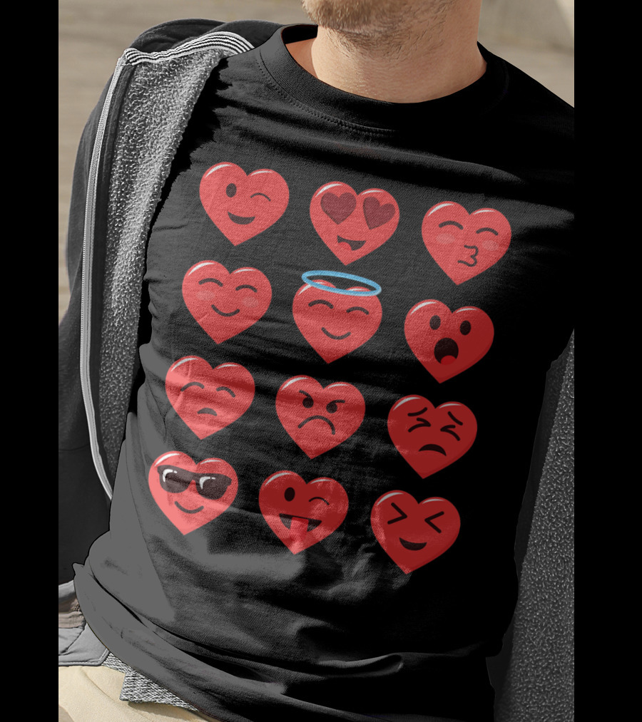 Funny Valentines Day Heart Emojico Winking Heart Eyes Angel Sunglasses Tongue Out T-Shirt