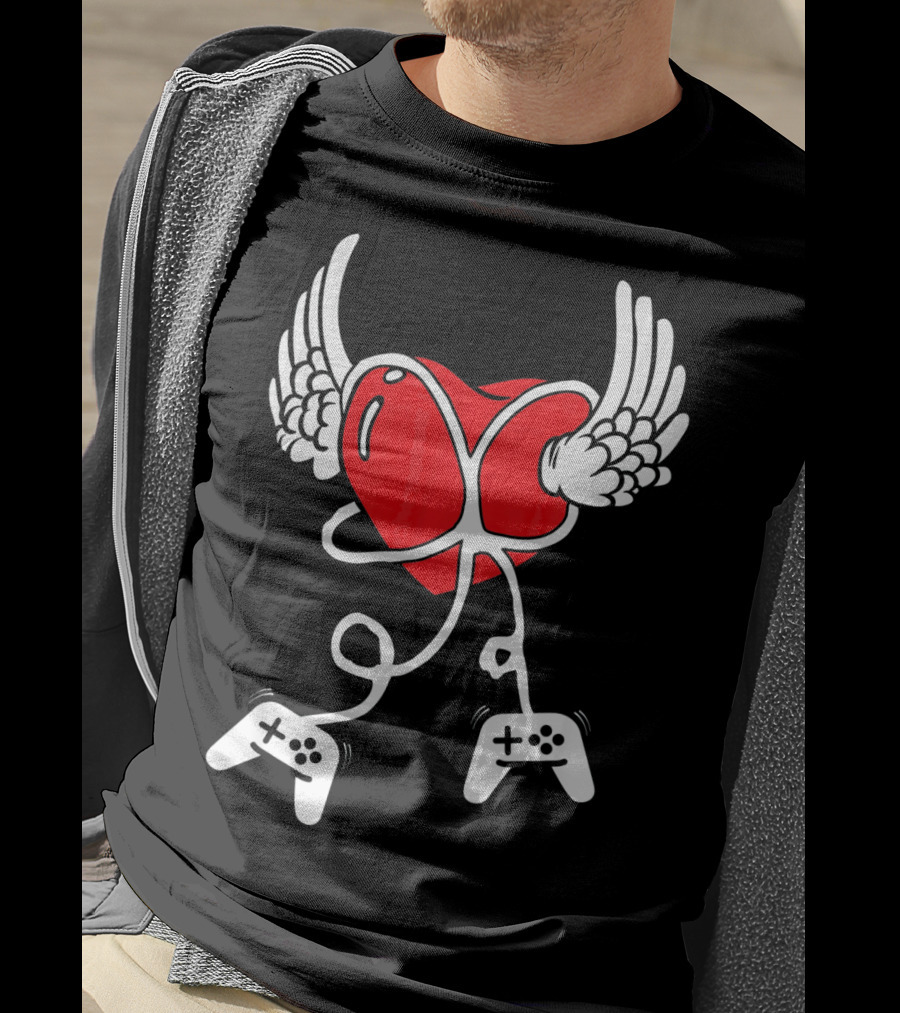Valentines Day Heart With Wings And Video Gamer Controllers T-Shirt