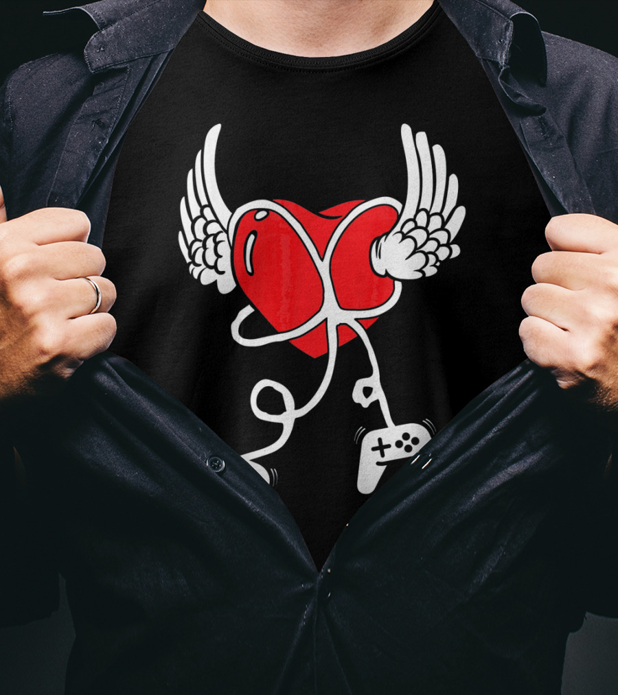 Valentines Day Heart With Wings And Video Gamer Controllers T-Shirt