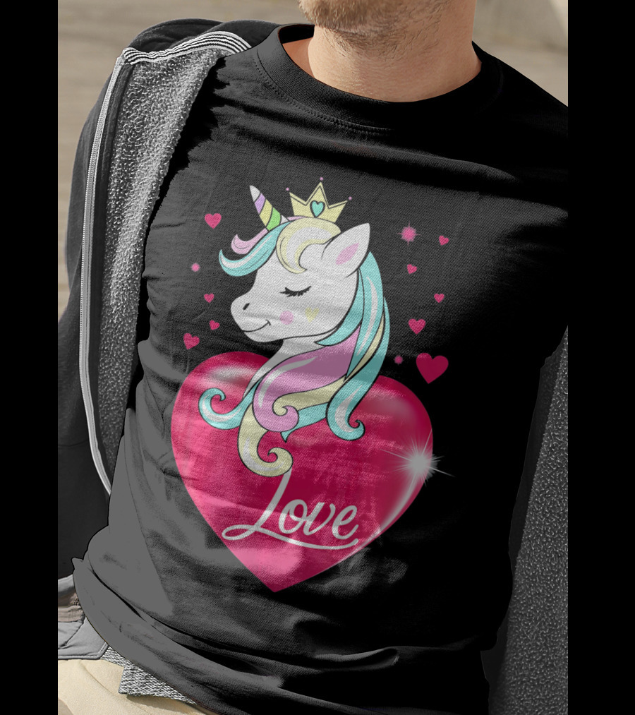 Love Heart Unicorn With Crown And Hearts Valentine's Day T-Shirt