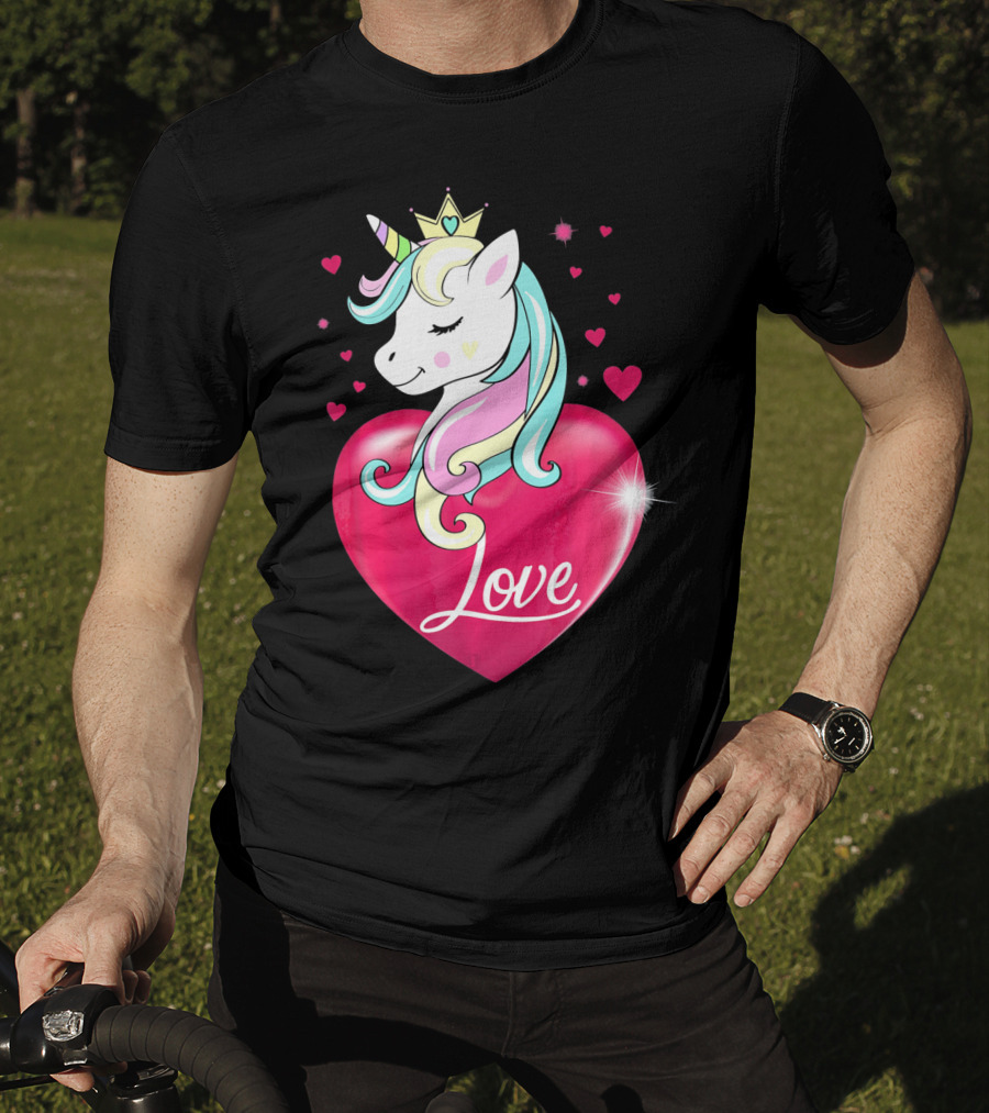 Love Heart Unicorn With Crown And Hearts Valentine's Day T-Shirt