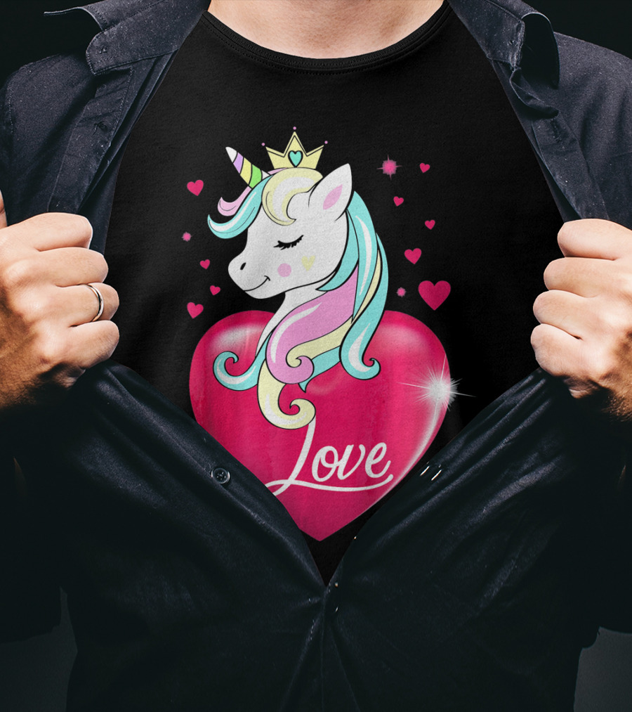 Love Heart Unicorn With Crown And Hearts Valentine's Day T-Shirt