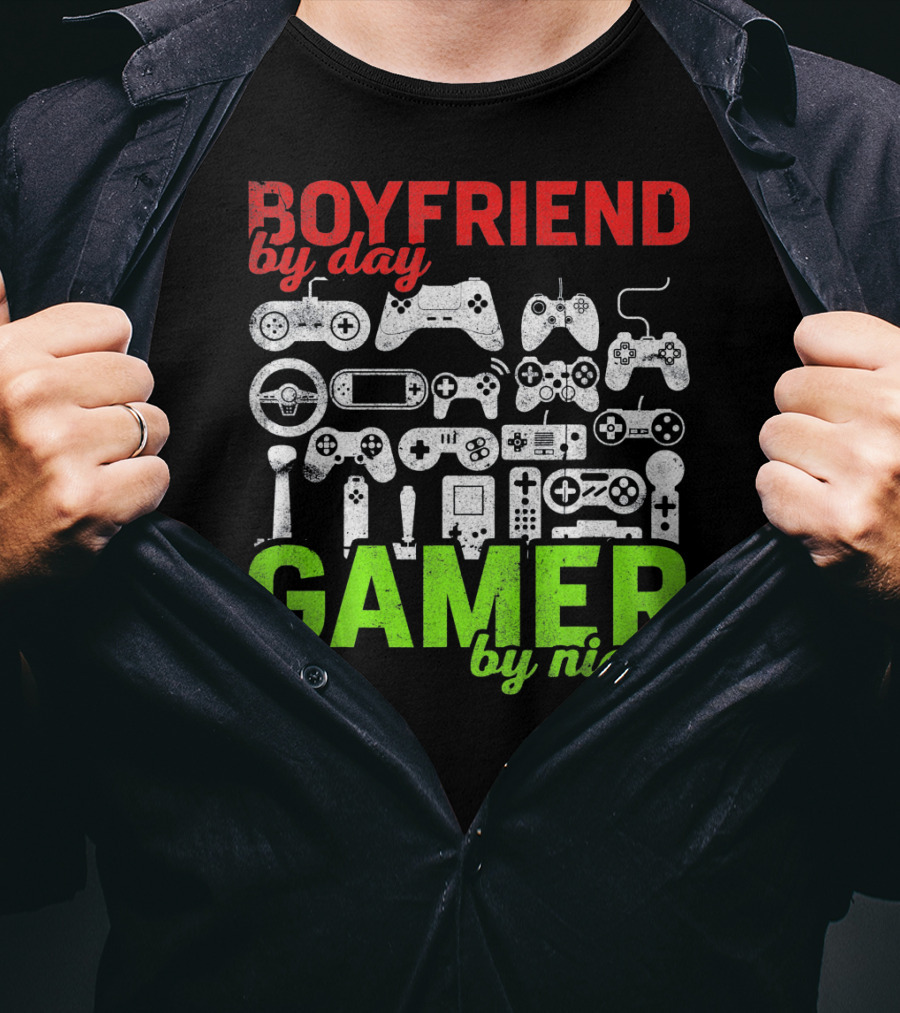 Boyfriend By Day Gamer By Night Valentines Day Gamer Controllers T-Shirt