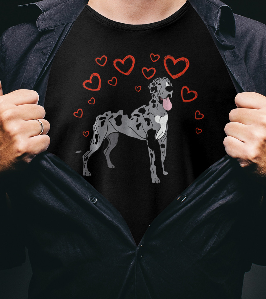 Great Dane Surrounded By Red Hearts Valentine Love T-Shirt