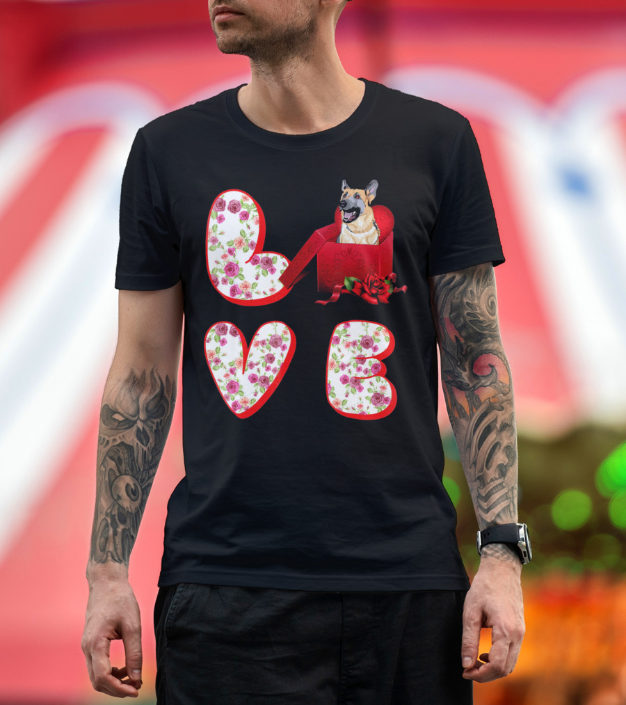 Valentine Love With German Shepherd In Floral Heart T-Shirt