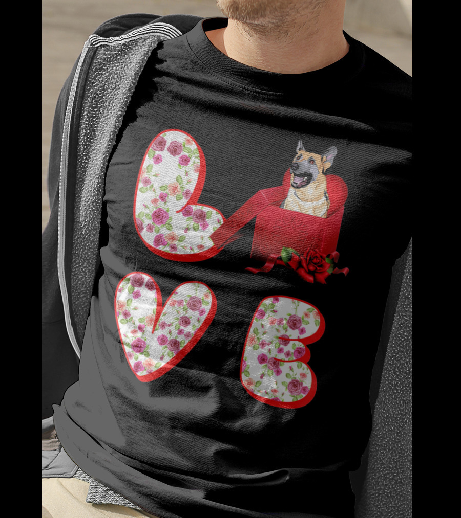 Valentine Love With German Shepherd In Floral Heart T-Shirt