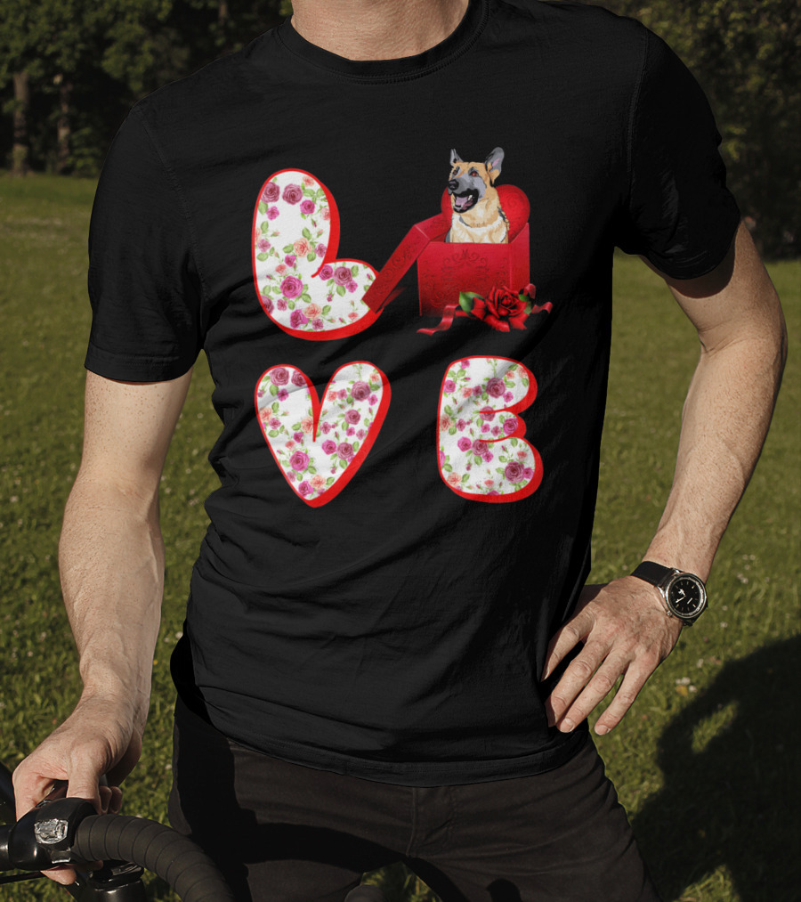 Valentine Love With German Shepherd In Floral Heart T-Shirt