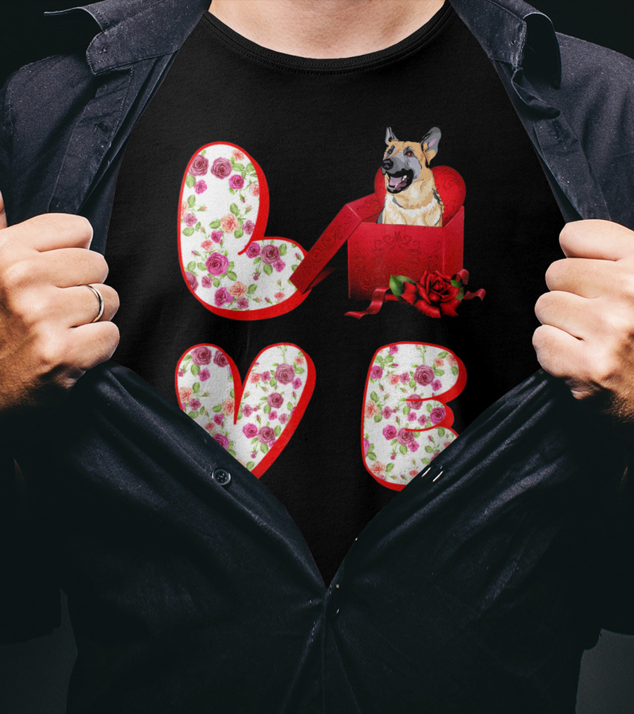 Valentine Love With German Shepherd In Floral Heart T-Shirt