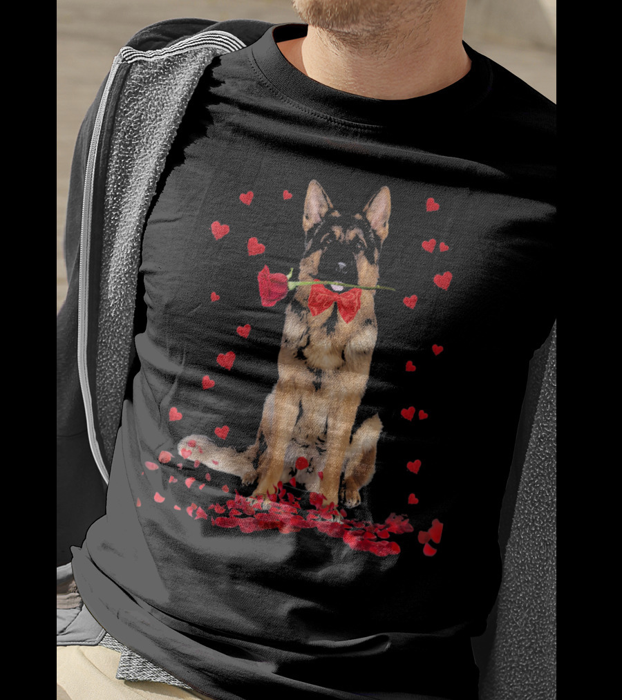 German Shepherd With Rose And Hearts Valentine's Day T-Shirt