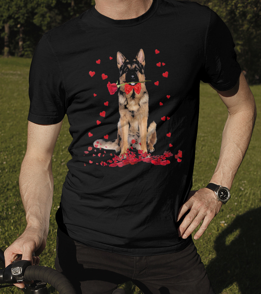 German Shepherd With Rose And Hearts Valentine's Day T-Shirt