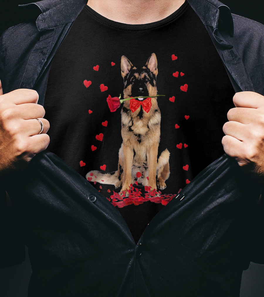 German Shepherd With Rose And Hearts Valentine's Day T-Shirt