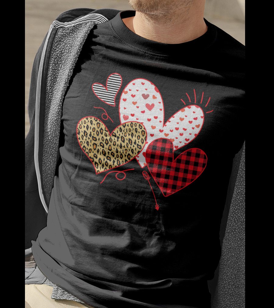 Girls Valentines Day Love Hearts Leopard Plaid T-Shirt