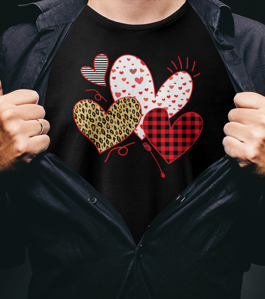 Girls Valentines Day Love Hearts Leopard Plaid T-Shirt