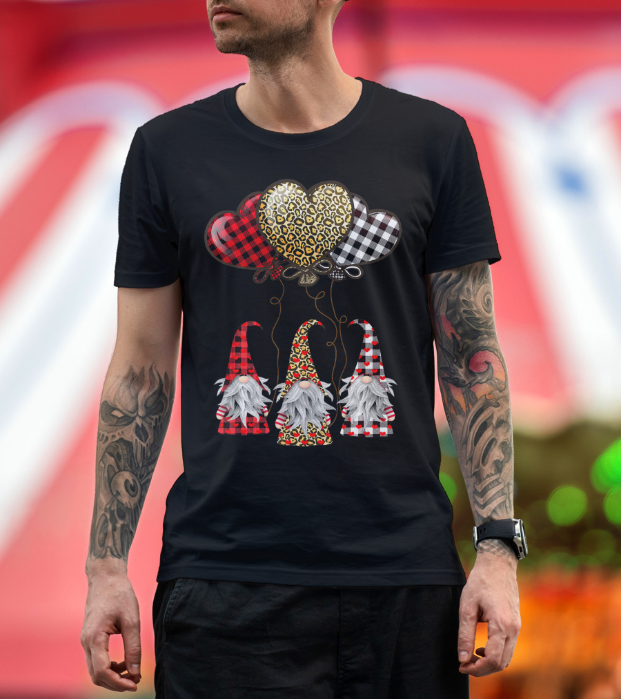 Gnomes Holding Heart Balloons with Buffalo Plaid and Leopard Print T-Shirt