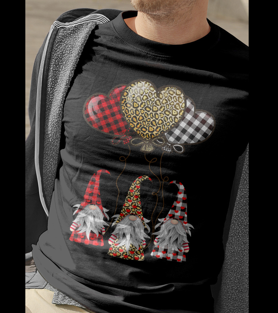 Gnomes Holding Heart Balloons With Buffalo Plaid And Leopard Print T-Shirt