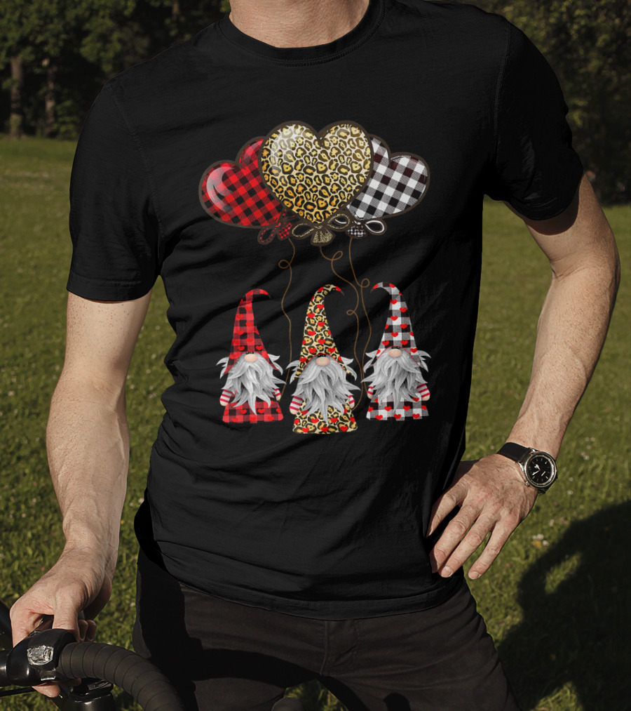Gnomes Holding Heart Balloons With Buffalo Plaid And Leopard Print T-Shirt
