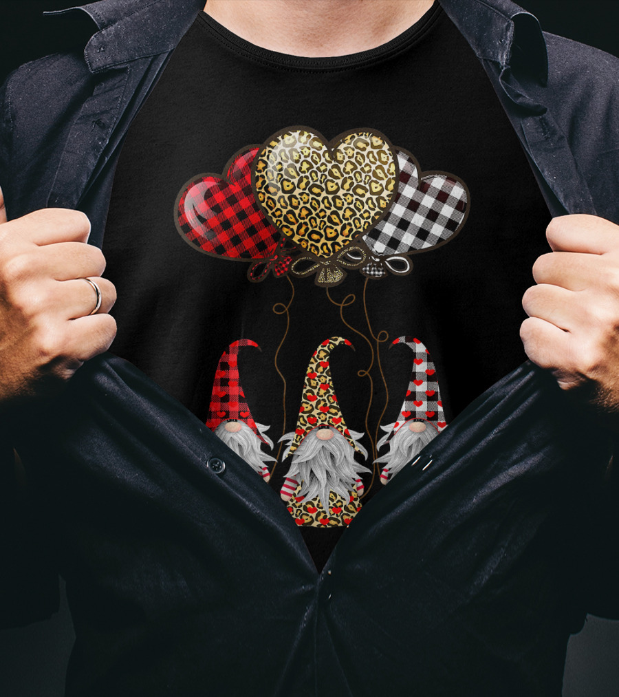 Gnomes Holding Heart Balloons With Buffalo Plaid And Leopard Print T-Shirt