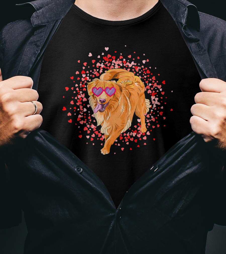 Golden Retriever With Heart Glasses Surrounded By Valentine's Day Hearts T-Shirt