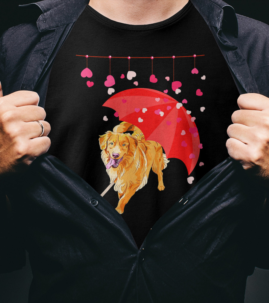 Golden Retriever With Umbrella And Falling Hearts Valentin T-Shirt