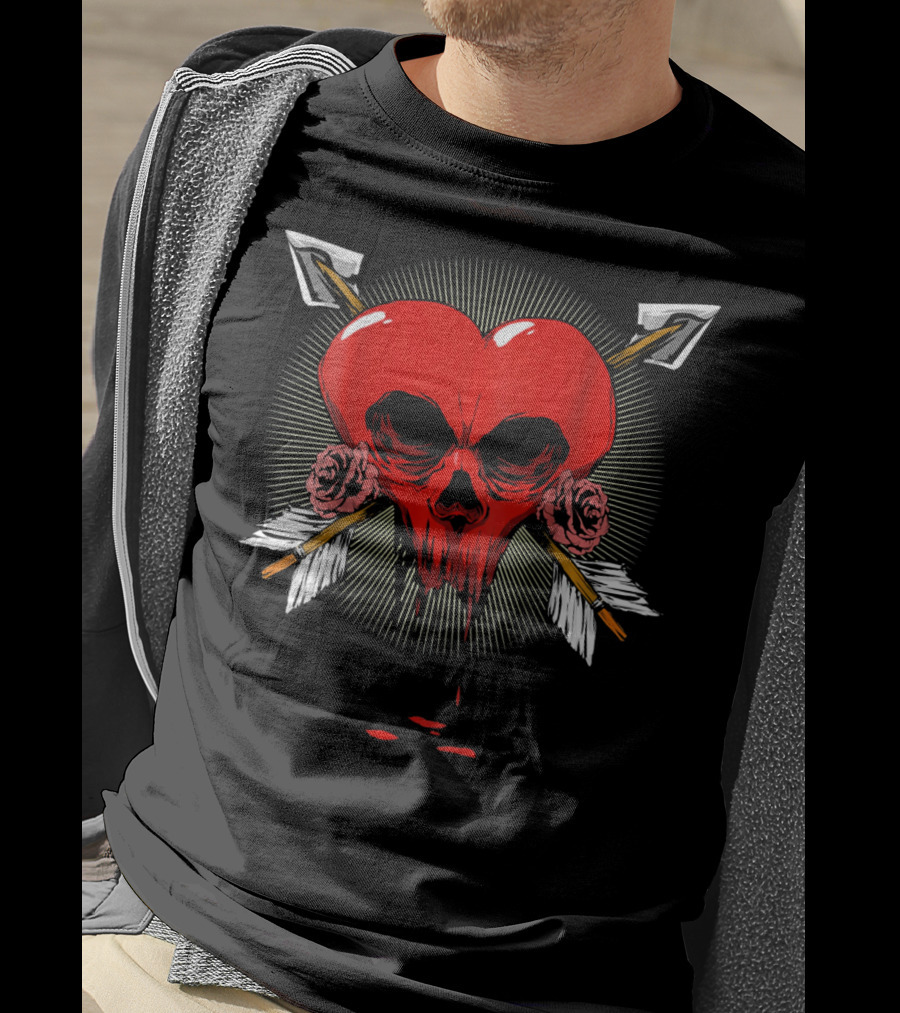 Gothic Heart Skull With Arrows And Roses Valentines Day T-Shirt