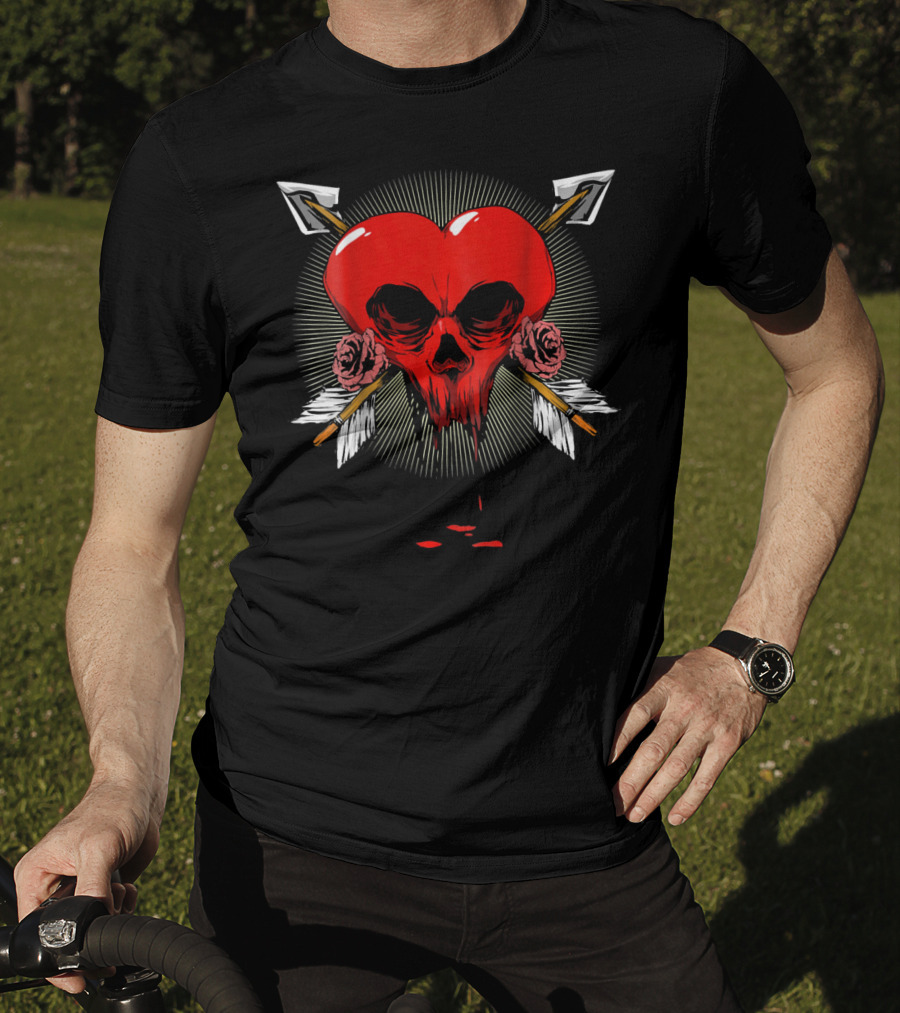 Gothic Heart Skull With Arrows And Roses Valentines Day T-Shirt