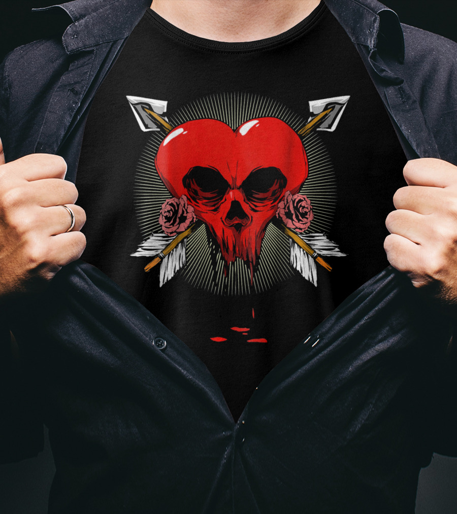 Gothic Heart Skull With Arrows And Roses Valentines Day T-Shirt