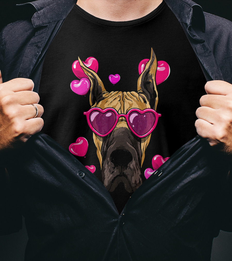 Great Dane Valentines Day Heart Sunglasses With Love Hearts T-Shirt