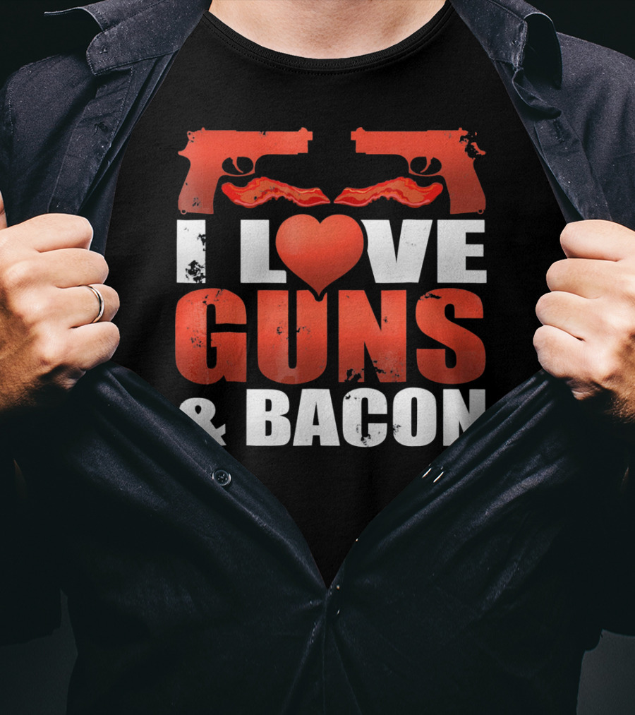 I Love Guns And Bacon Heart Symbol Pistols T-Shirt