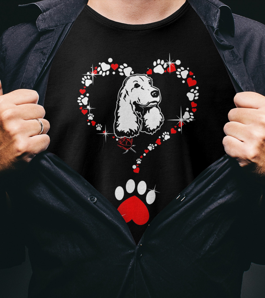 Happy Valentine Cocker Spaniel Dog Heart Paw Prints T-Shirt