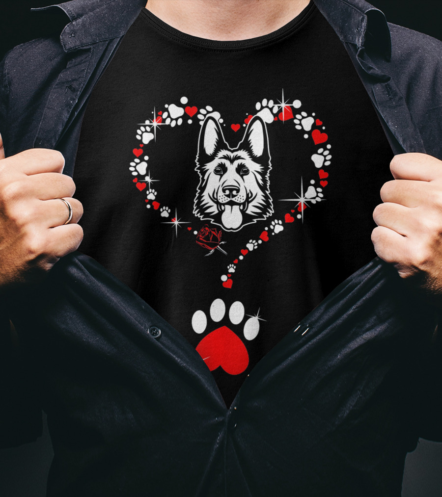 Happy Valentine German Shepherd Dog Heart Paw Prints T-Shirt