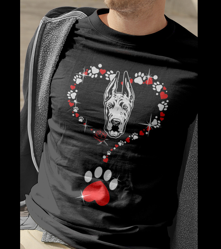 Happy Valentine Great Dane Dog Heart Pawprint T-Shirt