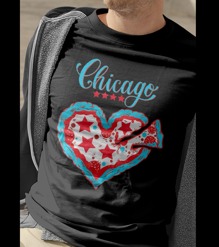 Chicago Heart Pizza Stars Valentines Day T-Shirt