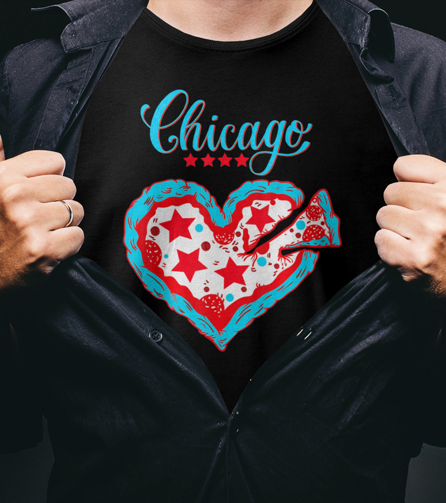 Chicago Heart Pizza Stars Valentines Day T-Shirt