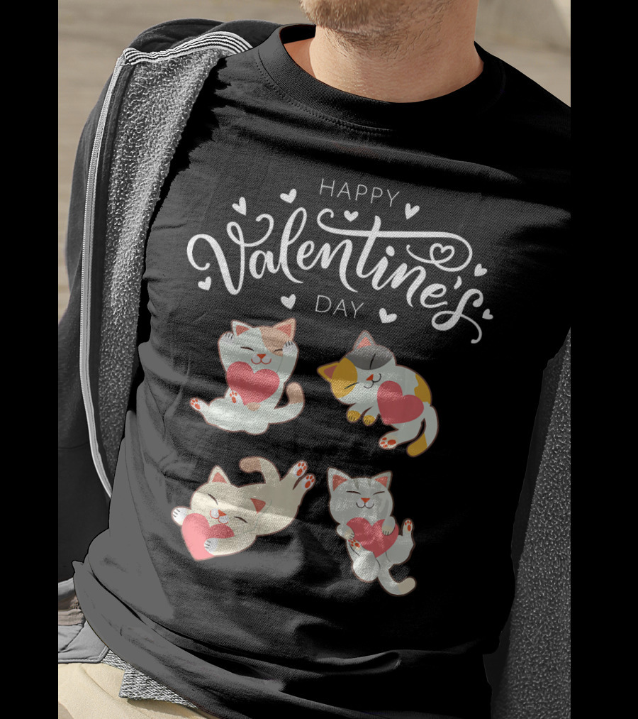 Happy Valentine's Day Four Cute Cats Holding Hearts T-Shirt