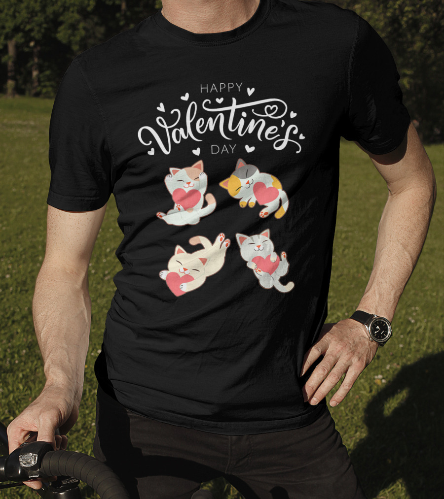Happy Valentine's Day Four Cute Cats Holding Hearts T-Shirt