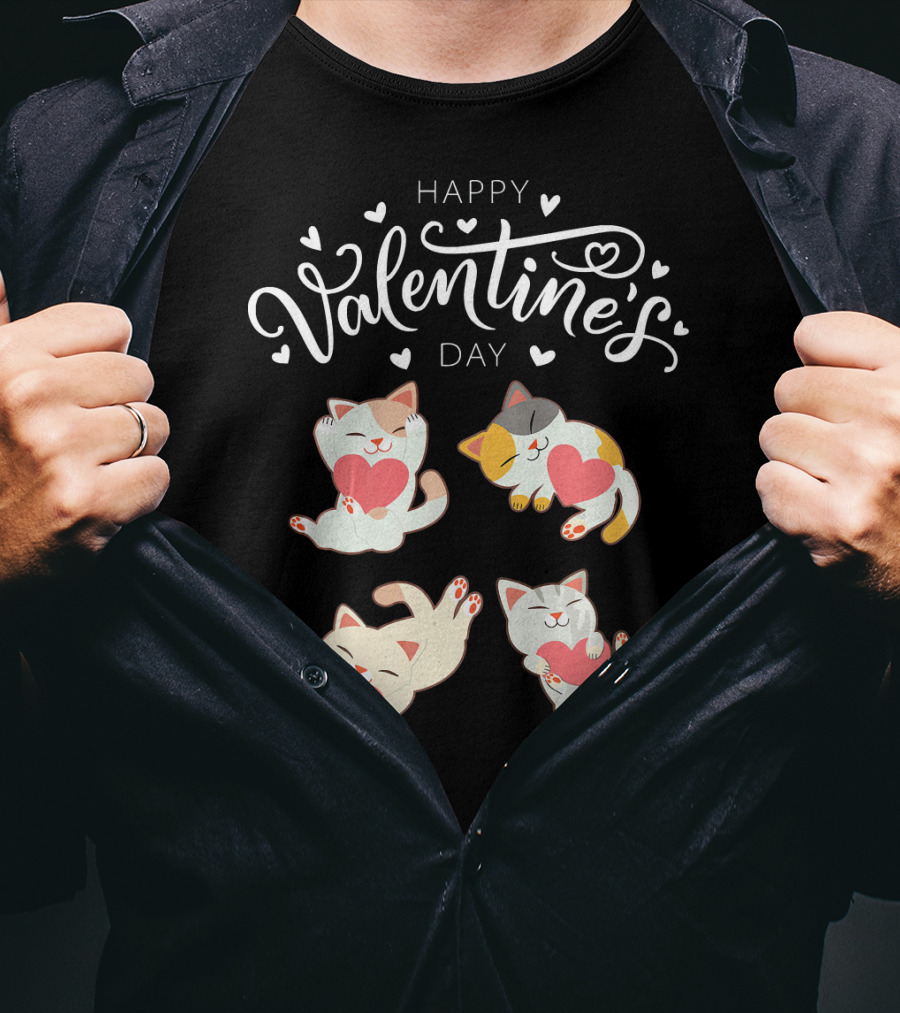 Happy Valentine's Day Four Cute Cats Holding Hearts T-Shirt