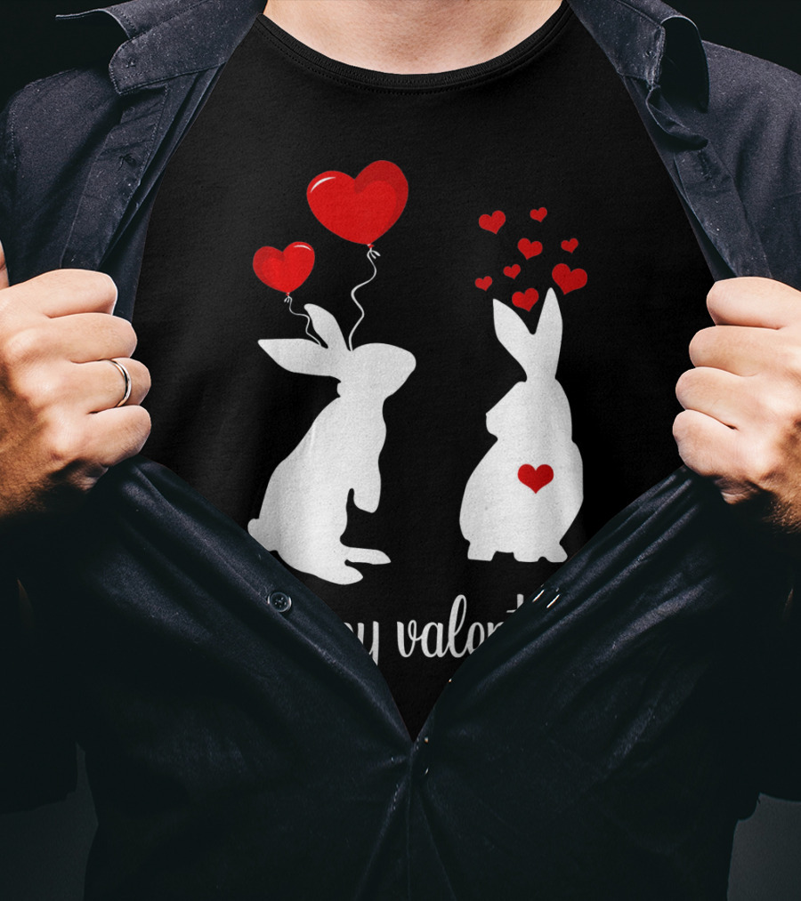 Happy Valentine's White Rabbits With Red Heart Balloons T-Shirt