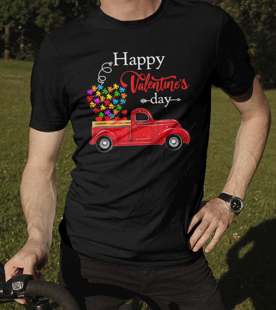 Happy Valentine's Day Truck With Colorful Heart Puzzles T-Shirt