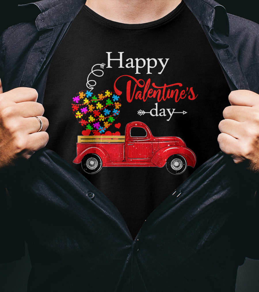 Happy Valentine's Day Truck With Colorful Heart Puzzles T-Shirt